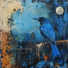 Majestic blue bird perched on a branch night sky digital art artistic environment close-up nature inspiration