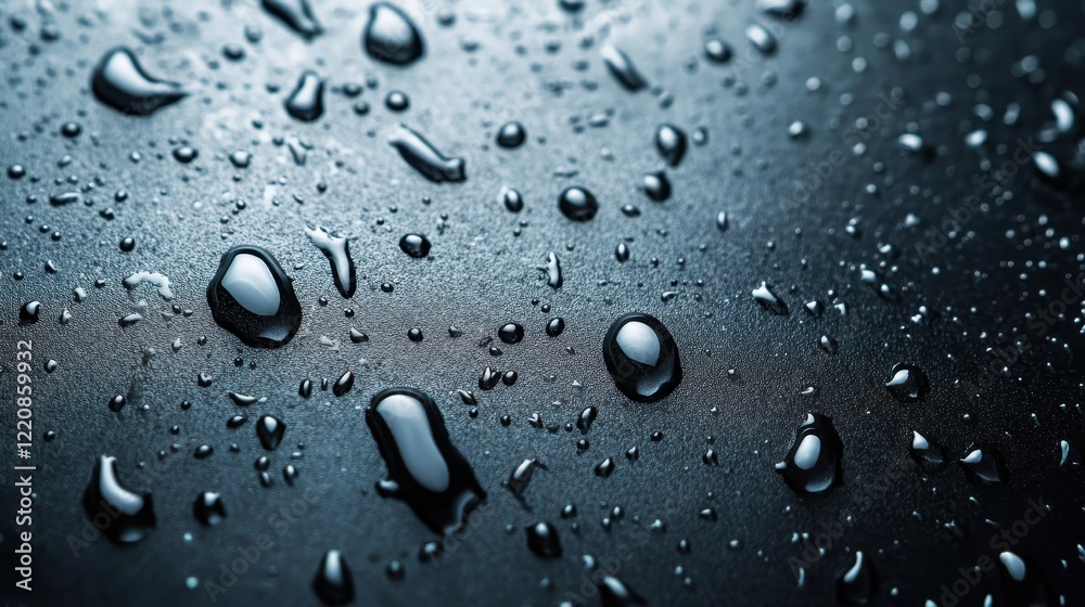 Poster a mesmerizing array of water droplets on a sleek black surface, creating an abstract display of refl