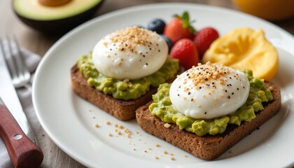 A healthy breakfast spread with avocado toast, poached eggs, and fresh fruit on a white plate. professional ocmposition with copy space for text.
