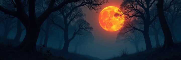 Full moon casting an orange glow over a dense forest of twisted trees, dark woods, forest canopy, misty atmosphere