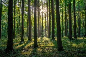 Obraz premium The sun shines beautifully through the trees in the surrounding forest