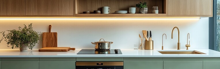Obraz premium Minimalist Kitchen Interior with Golden Tap