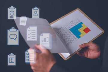 Hazardous substance control report man or engineer pointing on hazard hierarchy document report on...