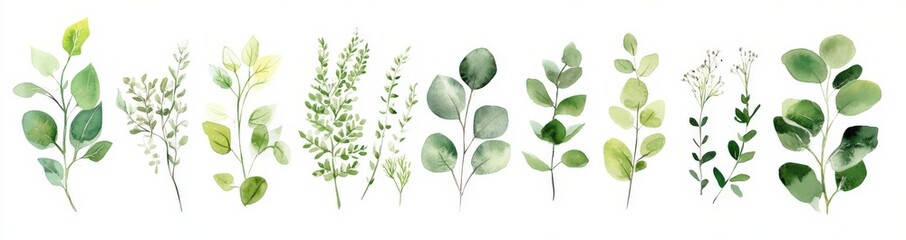 Naklejka premium A beautiful set of vibrant green leaves placed on a white background