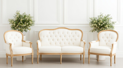 Elegant vintage sofa set with white upholstery and wooden accents, perfect for stylish living room or event space. arrangement includes central sofa and two matching armchairs, surrounded by