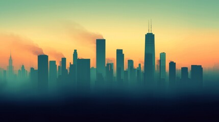 Obraz premium A hazy sunrise cityscape with tall buildings and smoke, creating a mysterious and atmospheric urban scene.