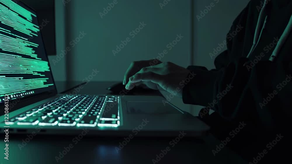 Poster hacker working late at night on computer with glowing code in dark room