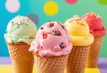 A colorful assortment of ice cream cones in different flavors