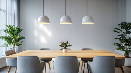 a minimalist dining room with a rectangular wooden table and six gray chairs.