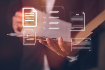 Document data system Report HR technology Concept Businessman Manager holding clipboard checking...