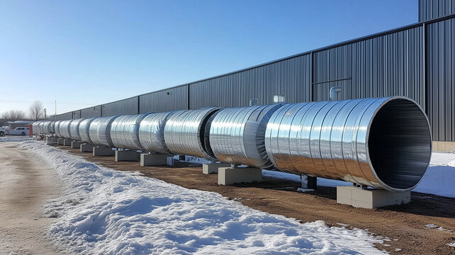 Long Row of Shiny Metal Pipes in Snowy Industrial Setting