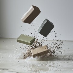 Four rectangular boxes falling and splashing into a liquid, creating a dynamic visual.