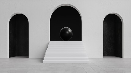 Modern minimalist interior with white stairs, black sphere, and arched doorways. Ideal for design, architecture, and contemporary projects.