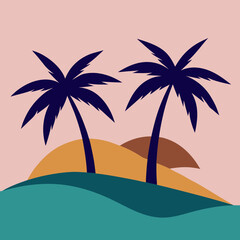 Two palm trees on either side and a hill in the middle