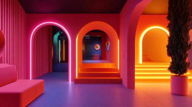vibrant interior space featuring colorful neon lights, arches, and modern design elements. atmosphere is lively and inviting, perfect for creative gatherings