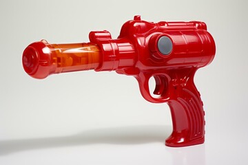 Studio shot featuring a red plastic toy gun with a transparent orange barrel, isolated on a white background