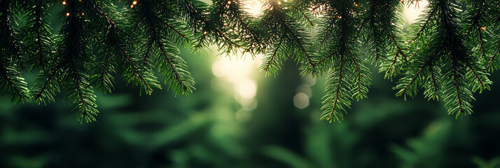 Lush green pine branches framing soft, blurred background of nature, creating serene atmosphere