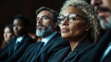 Fototapeta premium This image captures a diverse group of attentive jurors in a courtroom, reflecting their serious engagement with the legal proceedings happening before them.