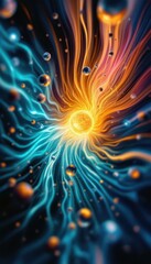 Abstract cosmic energy flow with vibrant colors and radiant spheres