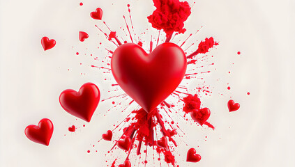 Red hearts pattern on white background with big red heart exploding with romantic red splashes. Happy Valentines day. Beautiful mini heart style. 3D rendering. Love romance anniversary February design