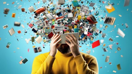 Man Holds Smartphone Surrounded by Floating Digital Images and Papers