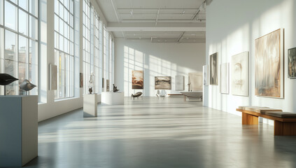 Obraz premium Art Gallery with White Walls Featuring Modern Paintings and Sculptures, Natural Sunlight from Skylights, Wooden Pedestal Display.