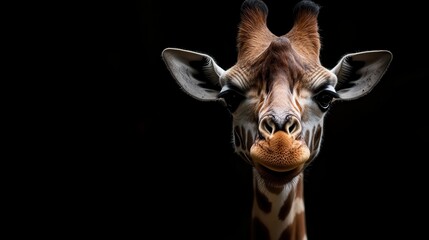 Fototapeta premium A striking close-up portrait of a giraffe set against a black background, emphasizing its unique facial features and captivating expression.