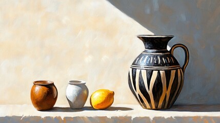 Decorative Pottery with Simple Objects on a Light Background