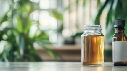 Two elegantly shaped bottles filled with captivating amber liquid create a striking visual composition, perfect for settings emphasizing warmth and authenticity in beverage photography.