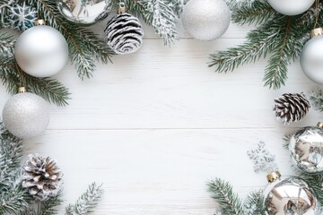 A white wooden table with Christmas decorations and branches