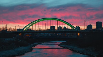 Naklejka premium Cityscape Bridge Sunset River Reflection Buildings