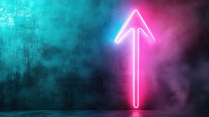 A vivid neon arrow glowing brightly against a textured blue and pink backdrop, signifying positivity and progress in an aesthetically pleasing manner that attracts the viewer's eye.