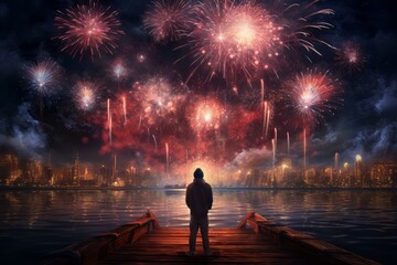Fototapeta premium Man standing on pier watching colorful fireworks exploding over city skyline at night