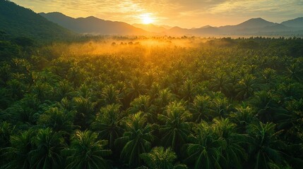 Breathtaking sunrise over misty mountainous jungle landscape with lush green palm trees