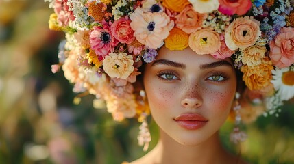 A close-up photograph of a young woman with freckles and a floral headpiece.