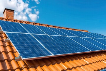 A long row of solar panels elegantly positioned atop a tiled roof