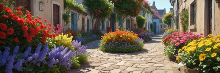 a quiet seaside alleyway lined with colorful flower beds, quiet alley, tranquil