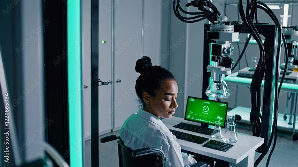 Poster Innovative scientist conducts research in advanced laboratory showcasing cutting-edge technology and unique setups