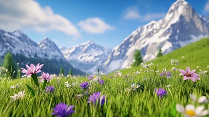 Obraz premium Scenic Meadow with Colorful Flowers and Majestic Mountain Range