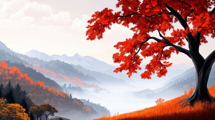 Vibrant Autumn Landscape with Red Leaves and Misty Mountains