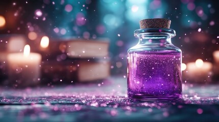 A captivating glass bottle filled with shimmering purple liquid and sparkles, set against a beautiful, mystical background with glowing candles and books.