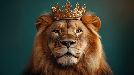 Naklejka premium This stunning close-up captures a noble lion wearing a crown, beautifully shot to emphasize its fierce expression and striking features, representing majesty and power.