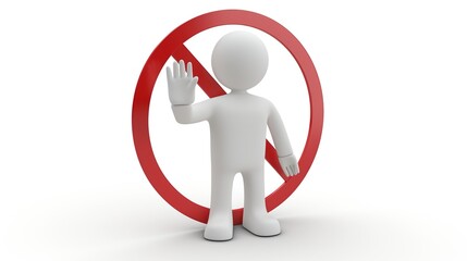 3D white man making a no gesture with his hand, featuring a simple red crossed-out circle behind him. Vector illustration on a solid white background with a clean and simple design.