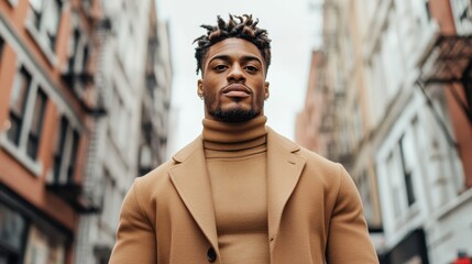 An assured man showcasing a confident pose in an urban backdrop, emphasizing modern fashion and self-expression amidst striking architectural elements.