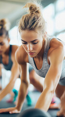 Obraz premium A focused female athlete during a gym workout, showcasing determination and fitness