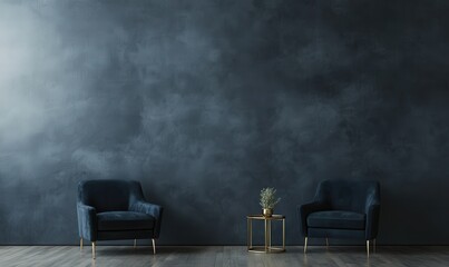 A cozy living room featuring two blue chairs arranged with a table