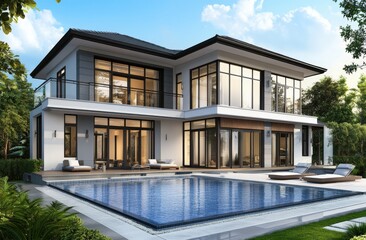 Fototapeta premium A large white house featuring a spacious swimming pool in the backyard