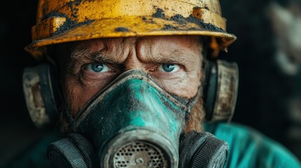Fototapeta premium This close-up features a rugged miner wearing a face mask and a yellow helmet, revealing determined blue eyes that highlight the challenges faced in the mining industry.