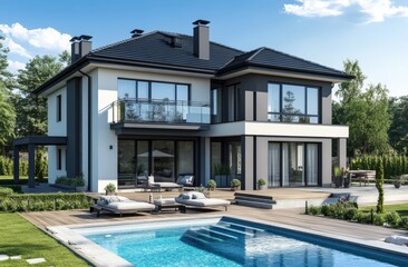 Fototapeta premium A large white house featuring a spacious swimming pool in the backyard