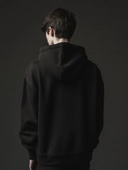 Obraz premium A young man in a plain black hoodie, standing with his back to the camera.
